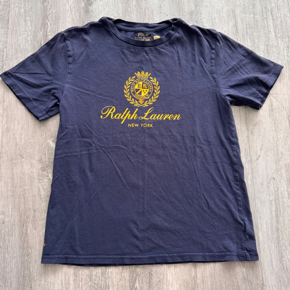Polo Ralph Lauren Boys Navy Blue Yellow Crest Graphic T-Shirt Size L 14-16